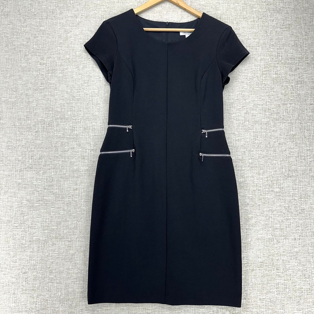 Dressbarn Dress Womens 8 Black Short Sleeve Zipper Sheath Knee Length Work